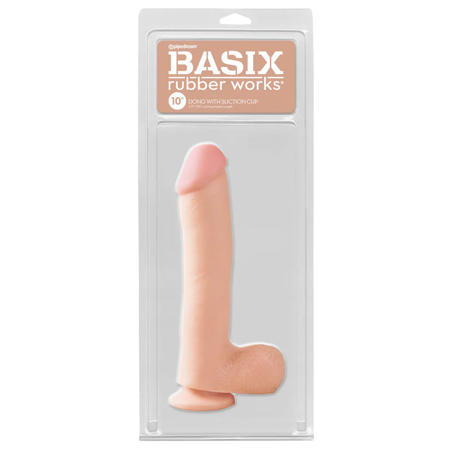 Pipedream Basix Rubber Works 10 inch Dong with Suction Cup Mount Base Light Realistic Dildo