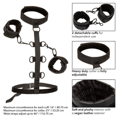 Boundless COLLAR BODY RESTRAINT Black Vegan Leather Restraint with Removable Wrist Handcuffs