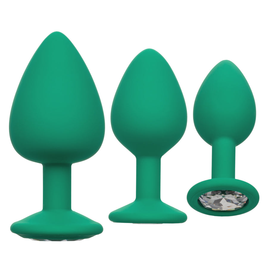 Calexotics CHEEKY GEMS 3 Piece Anal Training Kit with Graduated Green Butt Plugs with Sparkling Gem