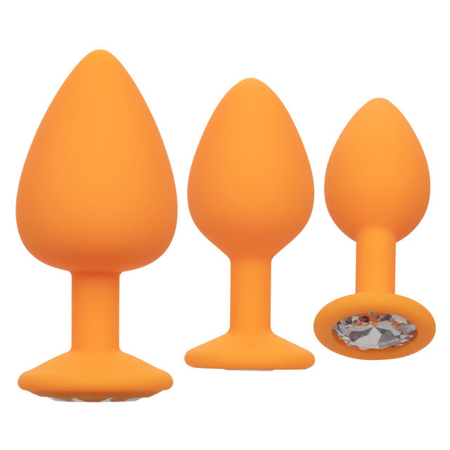 Calexotics CHEEKY GEMS 3 Piece Anal Training Kit with Graduated Orange Butt Plugs with Sparkling Gem