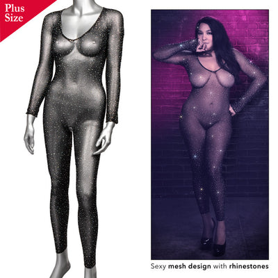 Radiance CROTCHLESS FULL BODYSUIT Black Open Crotch Bodysuit with Sparkling Rhinestones Plus Size Fits Up To 3X