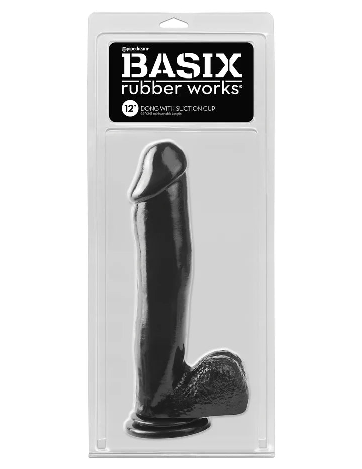Pipedream Basix Rubber Works 12 inch Dong with Suction Cup Mount Base Black Realistic Dildo