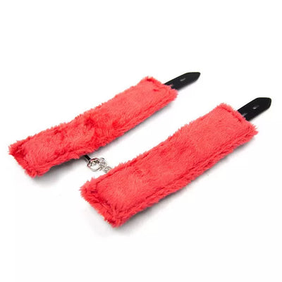 JOYGASMS Black Leather Lockable Ankle cuffs lined with Red Faux Fur