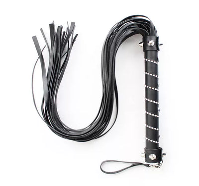 JOYGASMS Sparkly Wrap Diamonds and Silver Studded Handle Long Flogger with Soft Faux Leather Tails Whip and Detachable Wrist Strap
