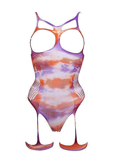 Le Desir Bliss Lingerie OPEN CUP and OPEN CROTCH TIE DYE STRAPPY FISHNET TEDDY includes FREE Dazzling Nipple Bling Stickers
