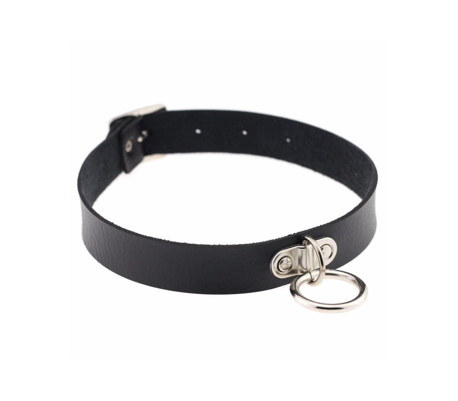 Love in Leather Black Faux Leather Choker Necklace with Silver Ring