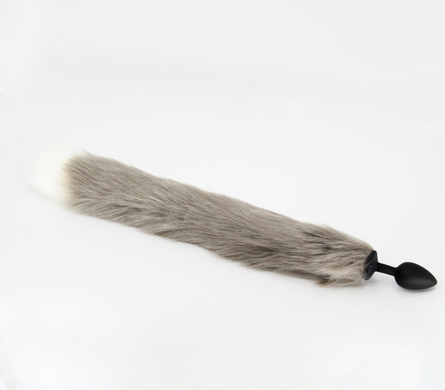 Love in Leather Deluxe Silicone Small Black Butt Plug with Grey and White Faux Fur Fox Tail