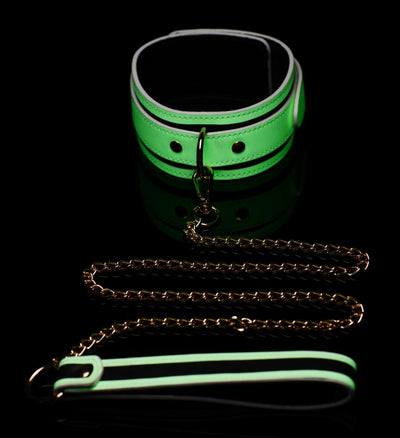 Master Series KINK IN THE DARK GLOWING COLLAR WITH LEASH SET Glow in the Dark Fluoro Green