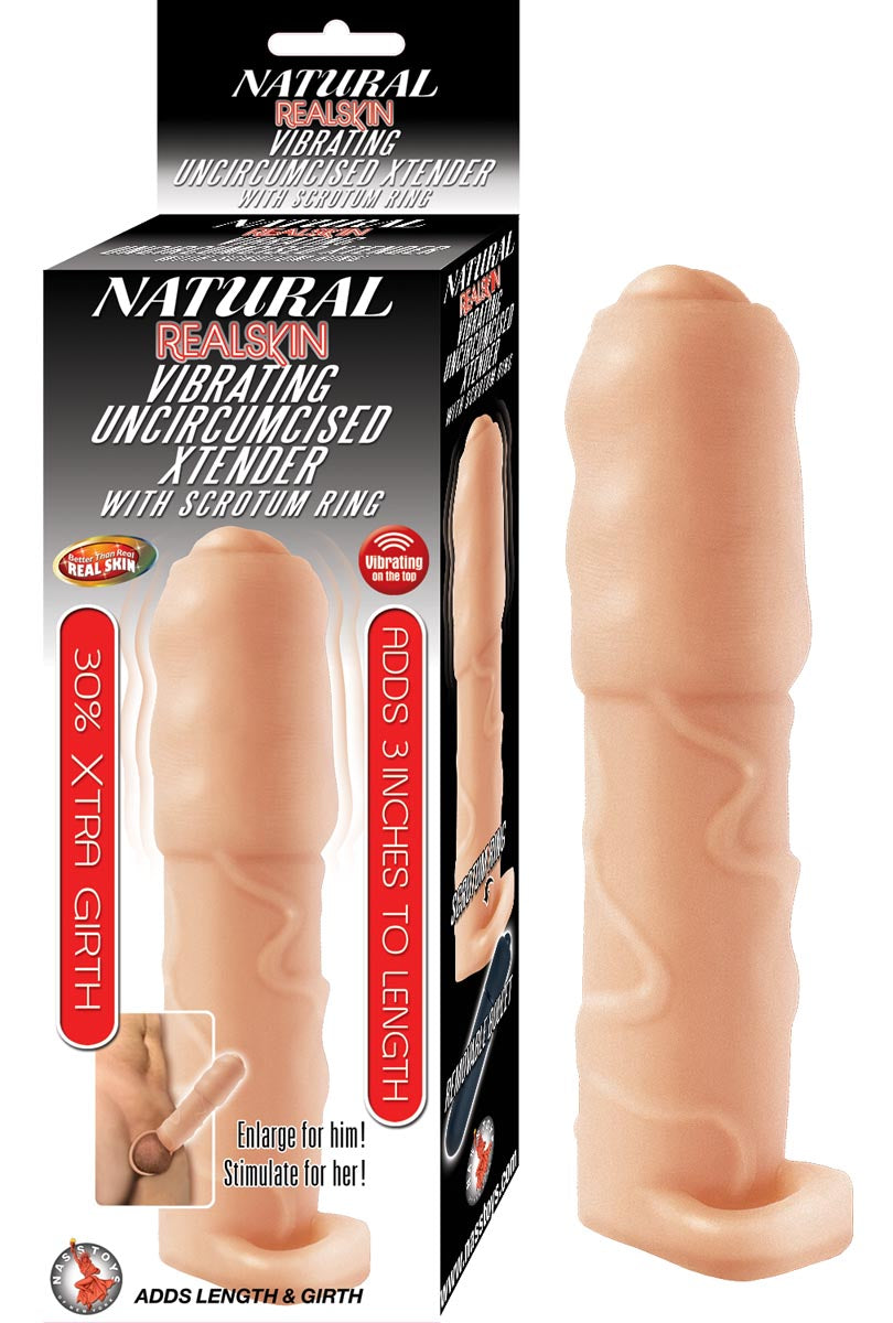 Nasstoys Natural Realskin Vibrating Uncircumsised Xtender with Scrotum Ring White Flesh Penis Extension