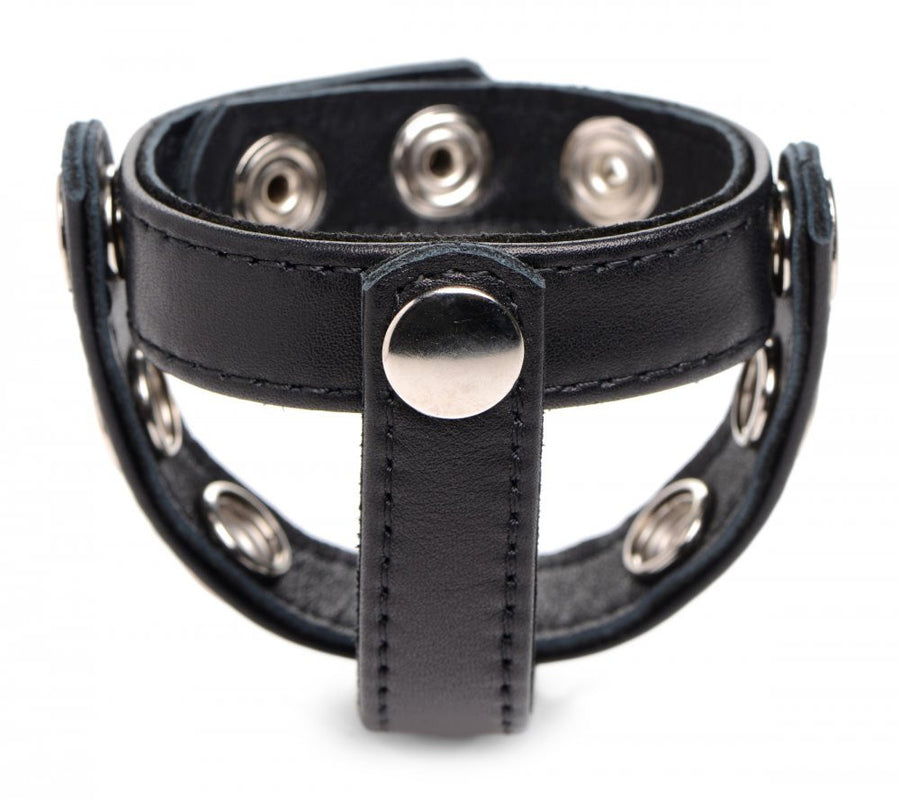 Strict Adjustable PU Leather SNAP-ON COCK AND BALL HARNESS Black Cock Ring Stretcher