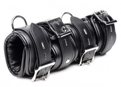 Strict BDSM SLAVE BONDAGE SHACKLE SET with Chains and Black PU Leather Collar Wrist and Ankle Cuffs with Locking Buckles