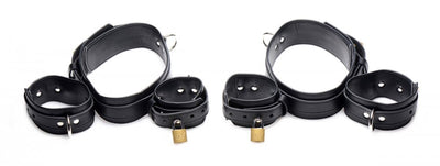 Strict PU Leather Unisex FROG TIE RESTRAINT KIT with adjustable and lockable thigh wrist and ankle cuffs Black