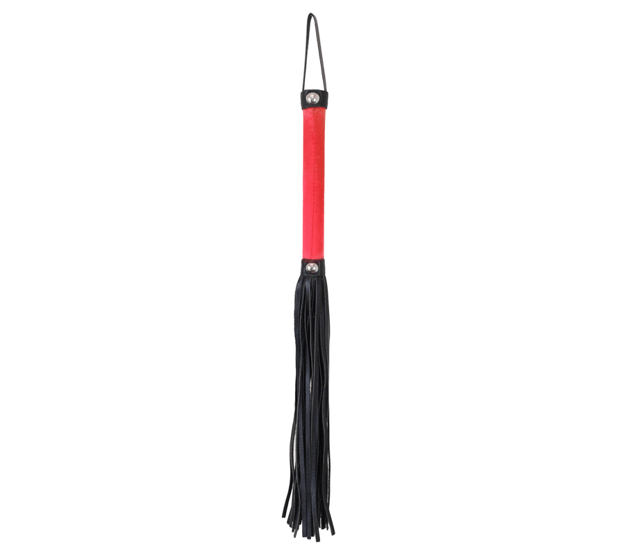 Love in Leather Red Satin Handle Flogger with Soft Black Faux Leather Tails