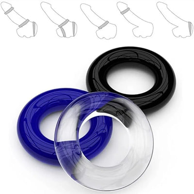 Stay Hard Triple Donut Cock Ring Set - 3 Pack Stretchy Penis Rings (Blue, Clear, Black)