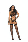EM Mesh bralette, panty and garter belt.