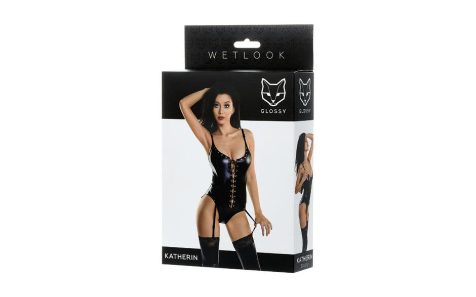 Glossy Wetlook Lace Up Bodysuit Katherin  M