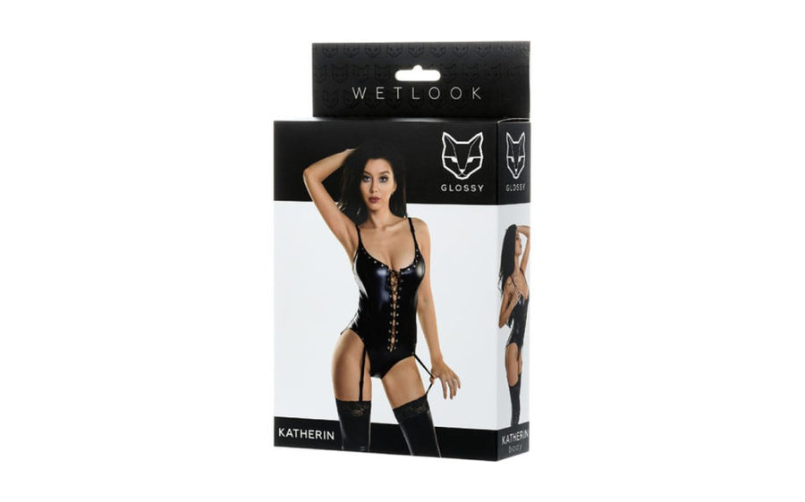 Glossy Wetlook Lace Up Bodysuit Katherin  M