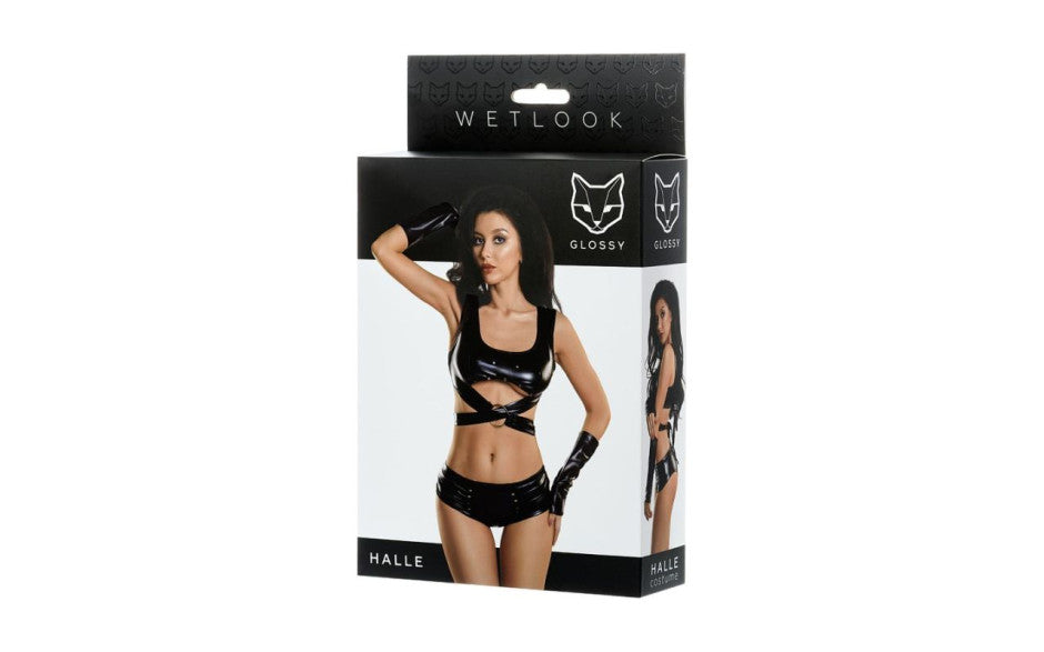 Glossy Halle Wetlook 3-Piece Set – High-Shine Lingerie (S/M) Shiny Wetlook set of 3 items: top, gloves and mini-shorts.