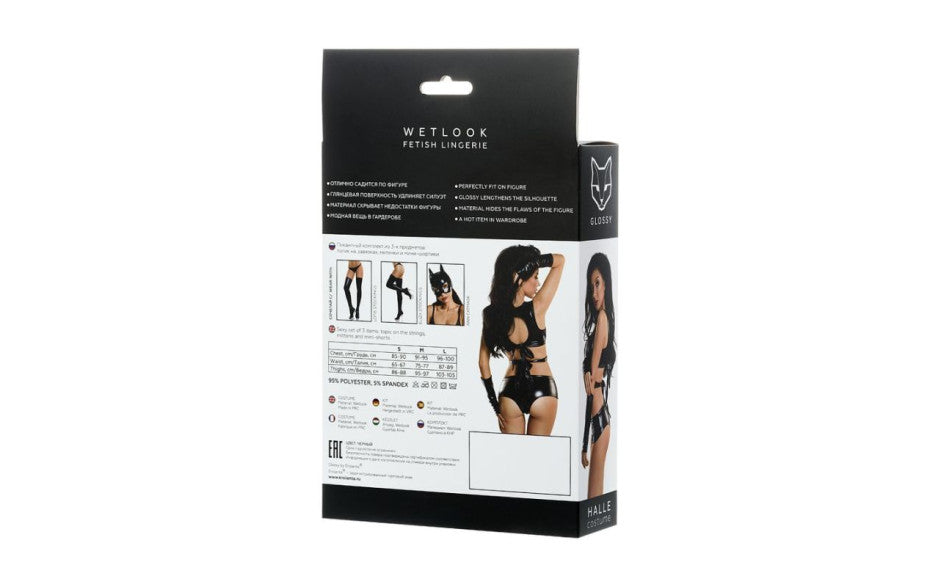 Glossy Halle Wetlook 3-Piece Set – High-Shine Lingerie (S/M) Shiny Wetlook set of 3 items: top, gloves and mini-shorts.