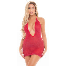 PINK LIPSTICK LOVE BITE PLUNGE HALTER DRESS OS