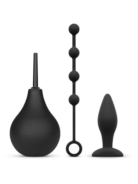 Anal Beginner Kit - Douche 224ml, Silicone Beads 20mm & Small Butt Plug Black