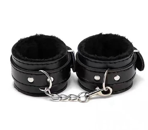 JCW Black and Silver Fluffy Handcuffs - Soft Plush Restraints