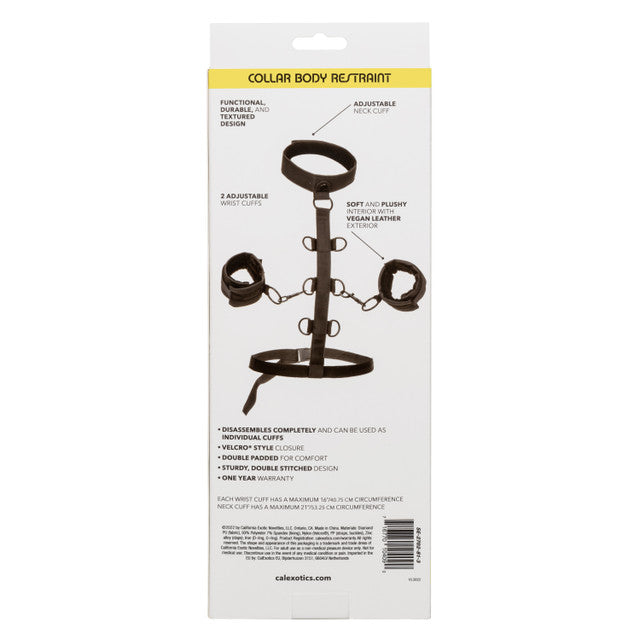 Boundless COLLAR BODY RESTRAINT Black Vegan Leather Restraint with Removable Wrist Handcuffs