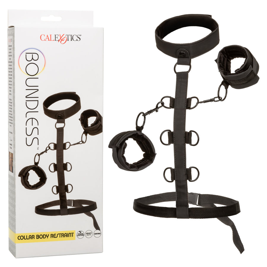 Boundless COLLAR BODY RESTRAINT Black Vegan Leather Restraint with Removable Wrist Handcuffs