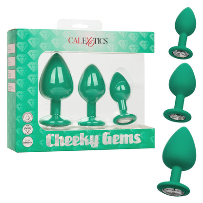 Calexotics CHEEKY GEMS 3 Piece Anal Training Kit with Graduated Green Butt Plugs with Sparkling Gem