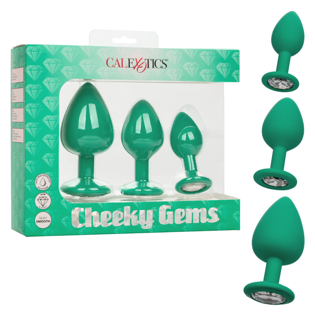 Calexotics CHEEKY GEMS 3 Piece Anal Training Kit with Graduated Green Butt Plugs with Sparkling Gem