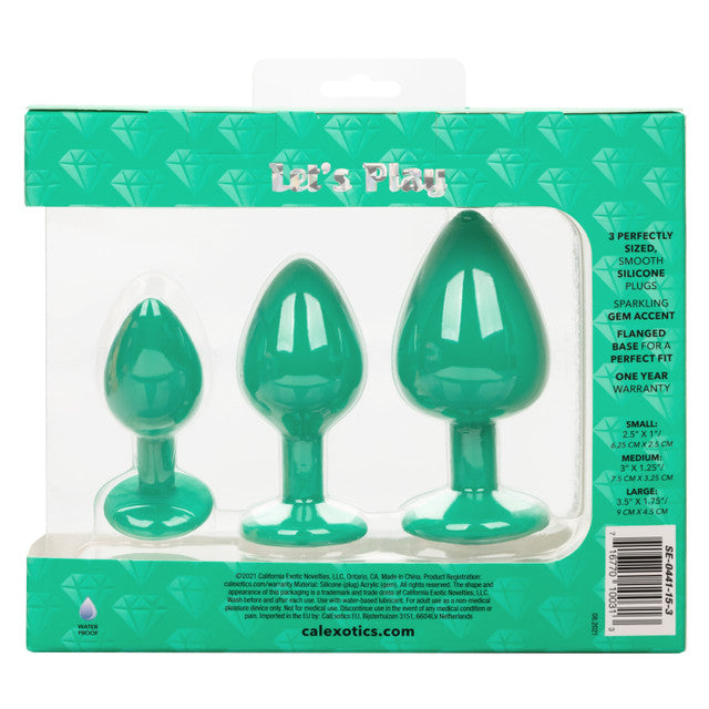 Calexotics CHEEKY GEMS 3 Piece Anal Training Kit with Graduated Green Butt Plugs with Sparkling Gem