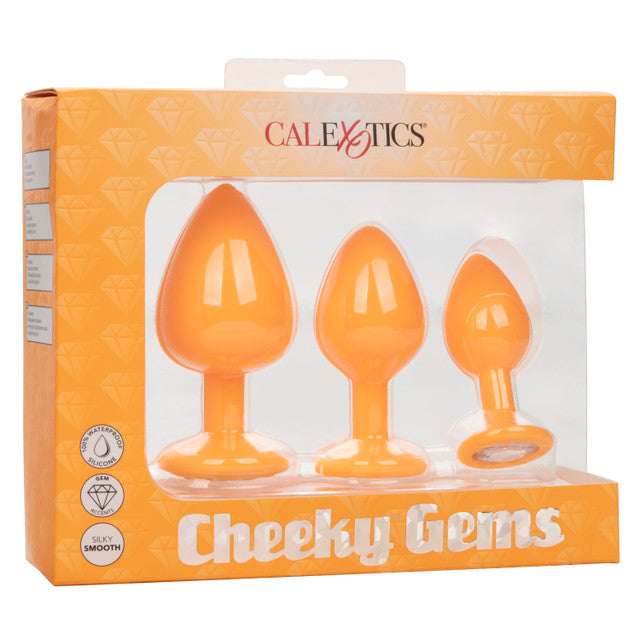 Calexotics CHEEKY GEMS 3 Piece Anal Training Kit with Graduated Orange Butt Plugs with Sparkling Gem