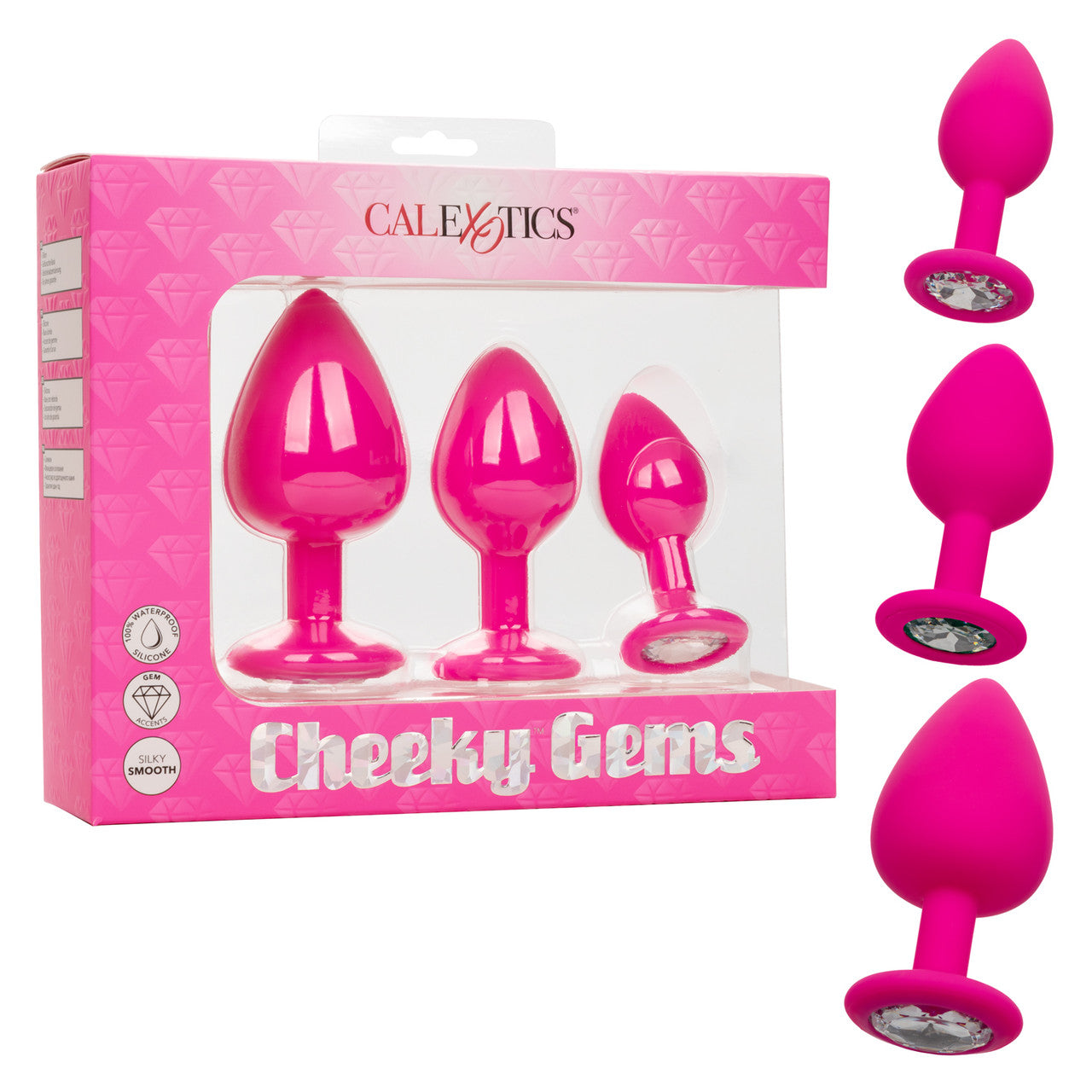 Calexotics CHEEKY GEMS 3 Piece Anal Training Kit with Graduated Pink Butt Plugs with Sparkling Gem