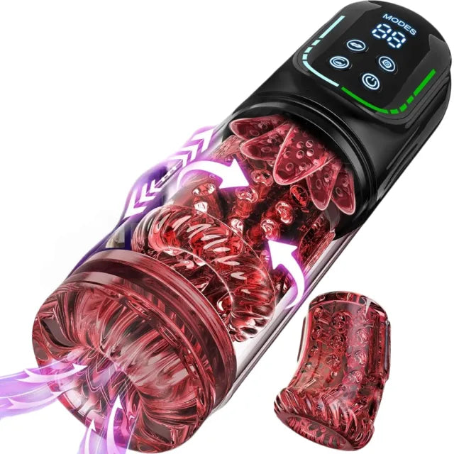 Black Rechargeable 5-in-1 Automatic Masturbator – 7 Vibrating + 7 Thrusting + 7 Rotating + 7 Suction + 7 Tongue-Licking Modes