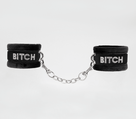 Love in Leather velcro Cuffs BITCH Black