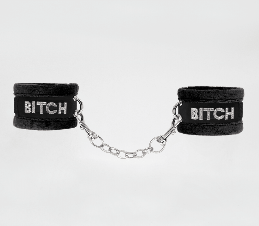 Love in Leather velcro Cuffs BITCH Black