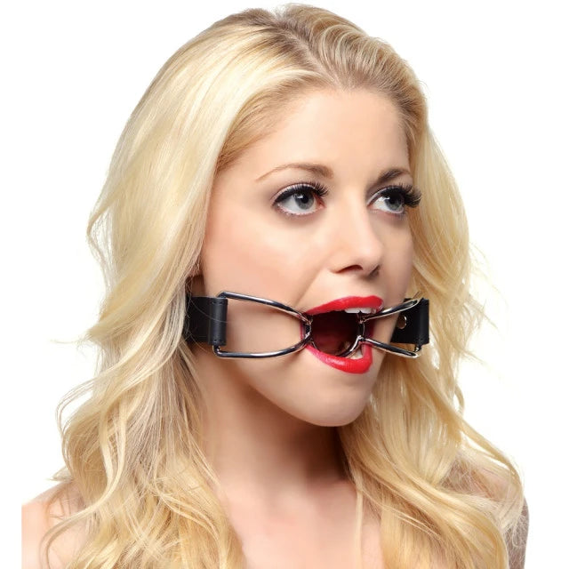 JOYGASMS Stainless Steel Butterfly Spider Open Mouth Gag 37mm Black PU Leather Strap