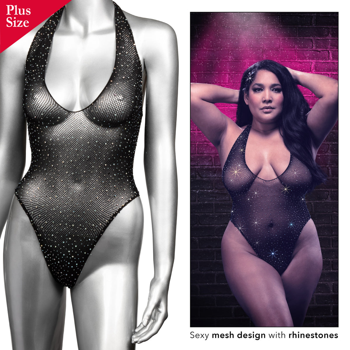 Radiance DEEP V BODYSUIT Black Teddy with Sparkling Rhinestones 