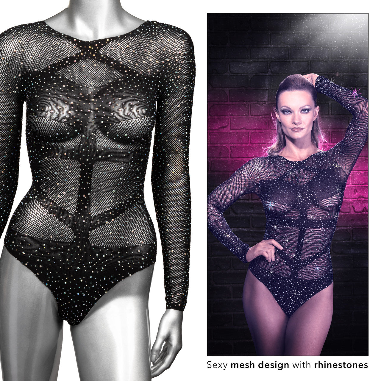 Radiance LONG SLEEVE BODYSUIT Black with Sparkling Rhinestone One Size