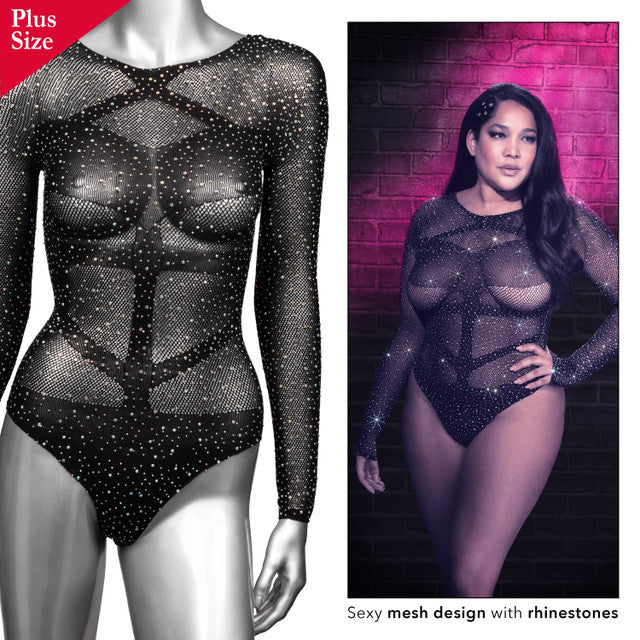 Radiance LONG SLEEVE BODYSUIT Black with Sparkling Rhinestone Plus Size Fits Up To 3X