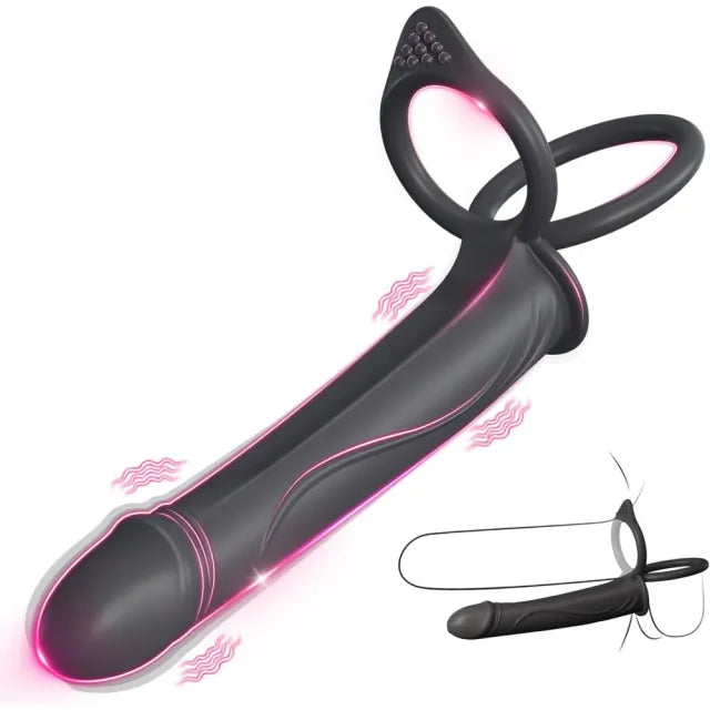 7.29" Black Rechargeable Vibrating Strap-On Dildo with Cock Rings - Dual Stimulation Harness Compatible