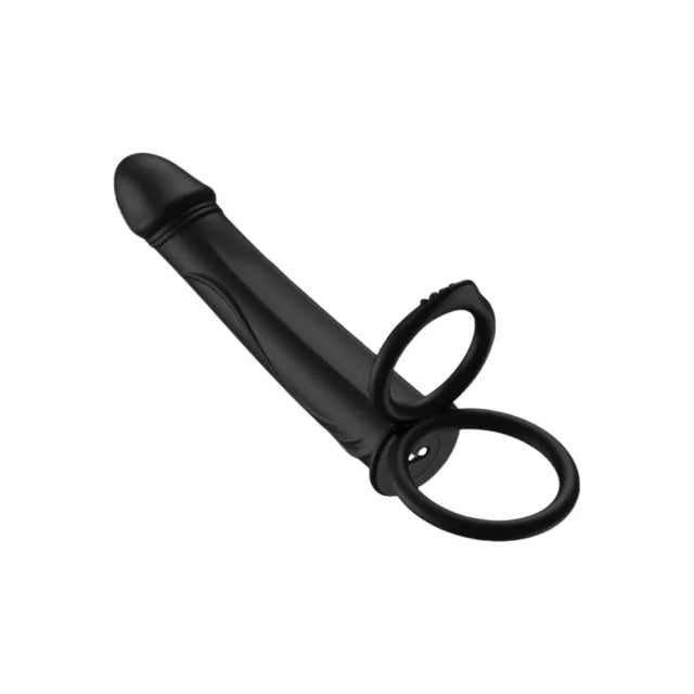7.29" Black Rechargeable Vibrating Strap-On Dildo with Cock Rings - Dual Stimulation Harness Compatible