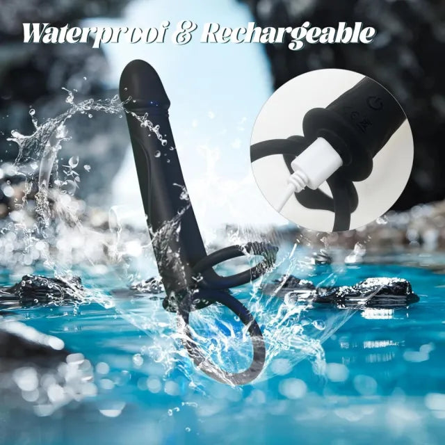 7.29" Black Rechargeable Vibrating Strap-On Dildo with Cock Rings - Dual Stimulation Harness Compatible