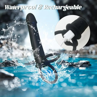 7.29" Black Rechargeable Vibrating Strap-On Dildo with Cock Rings - Dual Stimulation Harness Compatible