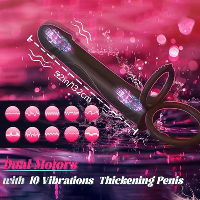 7.29" Black Rechargeable Vibrating Strap-On Dildo with Cock Rings - Dual Stimulation Harness Compatible