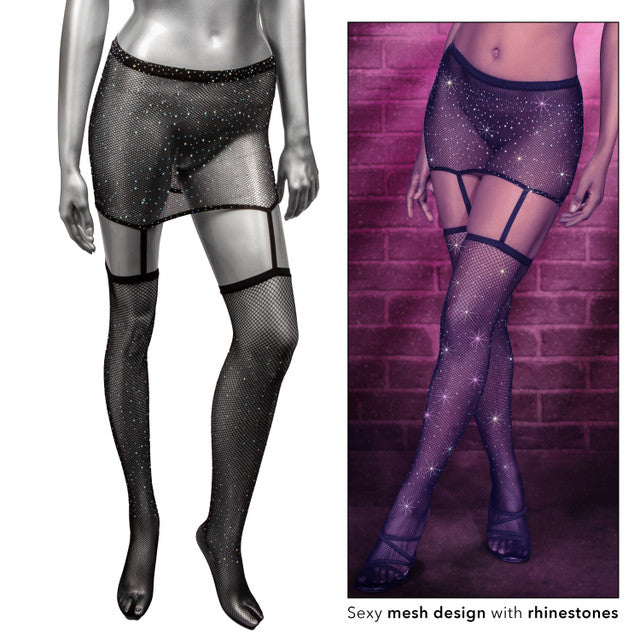 Radiance ONE PIECE GARTER SKIRT WITH THIGH HIGHS STOCKINGS Black with Sparkling Rhinestones