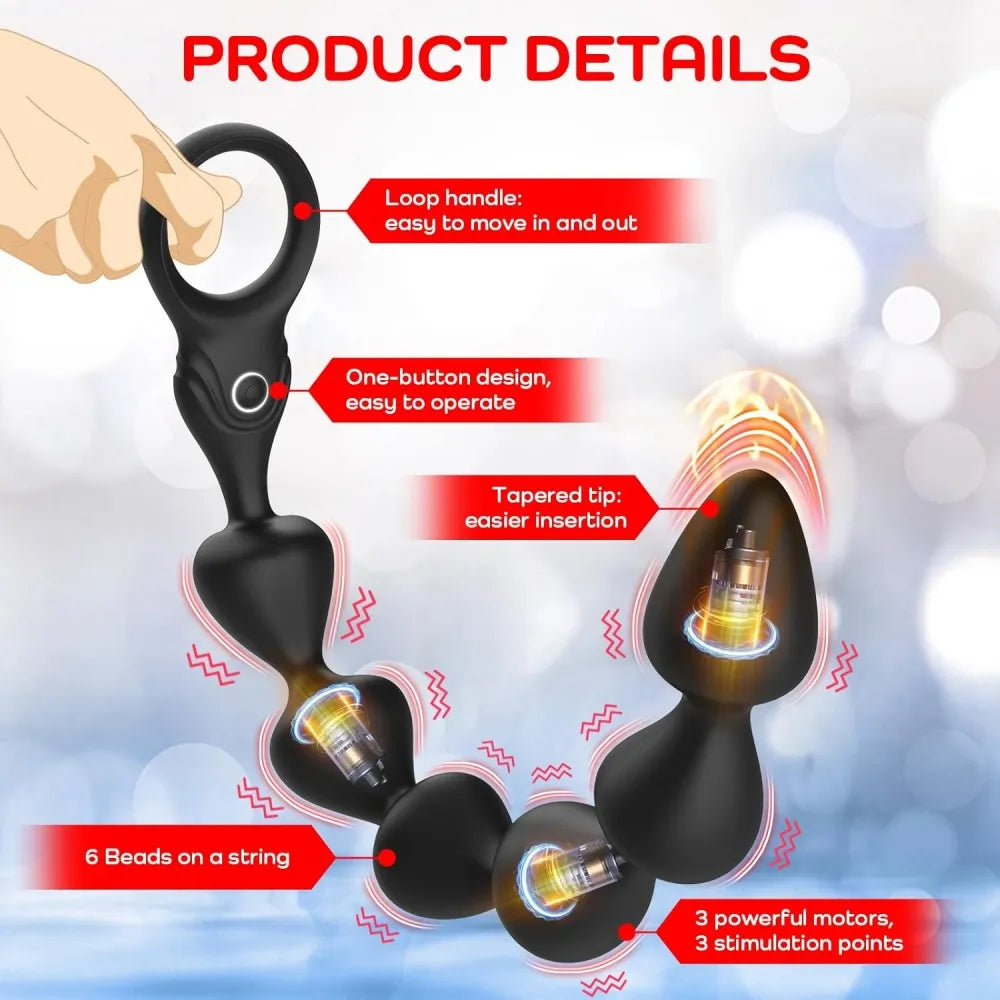 14.4 Inch 10-Speed Black Rechargeable Silicone Vibrating Anal Beads - 3 Motors