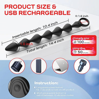 14.4 Inch 10-Speed Black Rechargeable Silicone Vibrating Anal Beads - 3 Motors