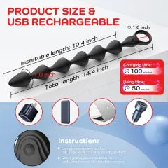 14.4 Inch 10-Speed Black Rechargeable Silicone Vibrating Anal Beads - 3 Motors