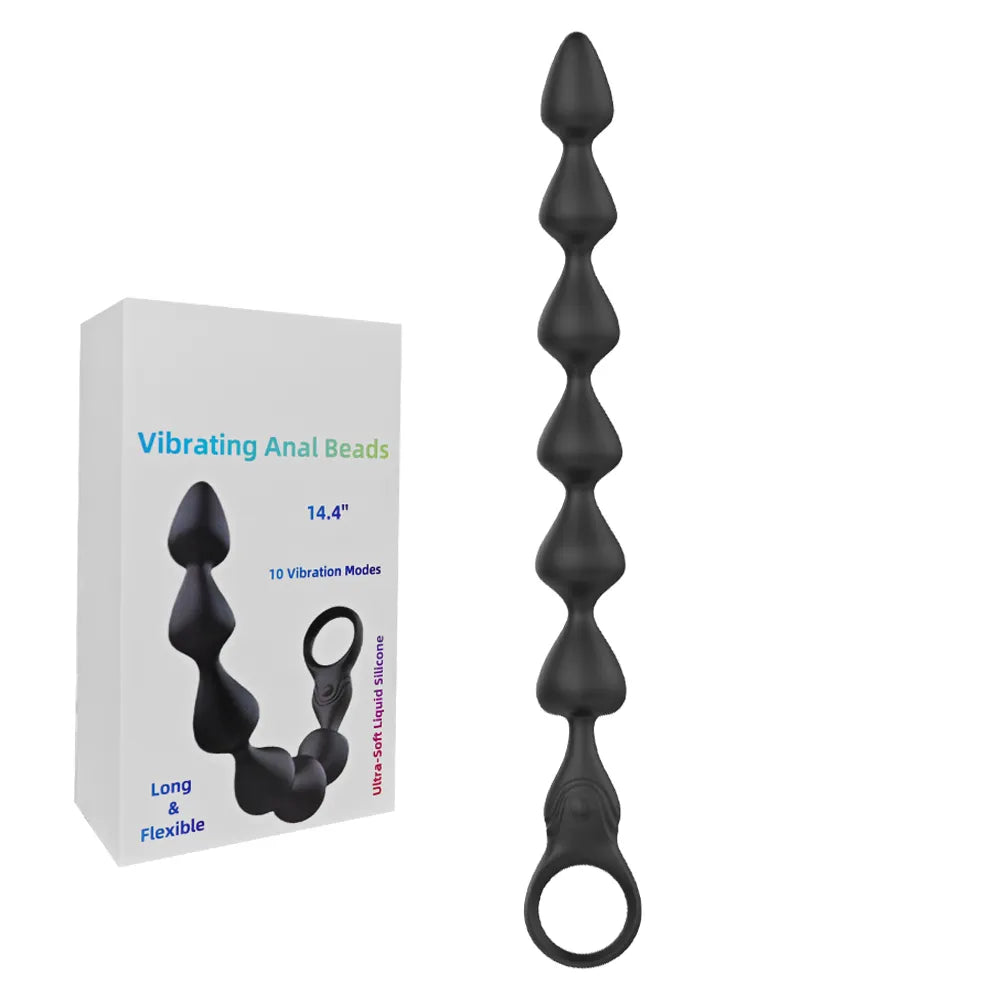 14.4 Inch 10-Speed Black Rechargeable Silicone Vibrating Anal Beads - 3 Motors